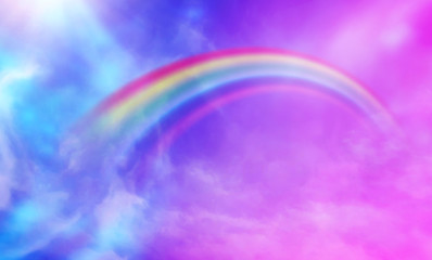 fantasy magical landscape rainbow on sky abstract big volume texture fluffy clouds shine close up view straight, cotton wool, pink purple pastel colors sun fabulous background 