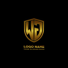 Initial letters WJ shield shape gold monogram logo. Shield Secure Safe logo design inspiration