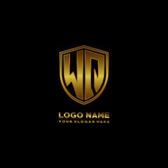 Initial letters WQ shield shape gold monogram logo. Shield Secure Safe logo design inspiration