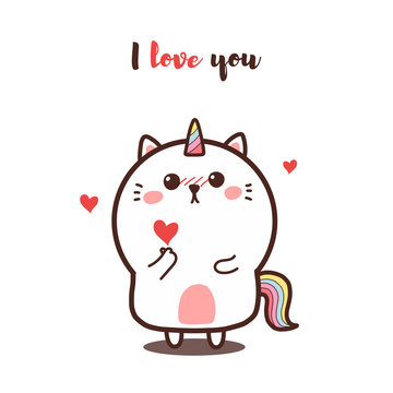 cute cat unicorn giving mini heart. kawaii hand drawn cartoon.doodle valentine day.i love you. Unicat