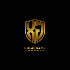 Initial letters XJ shield shape gold monogram logo. Shield Secure Safe logo design inspiration