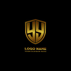 Initial letters YY shield shape gold monogram logo. Shield Secure Safe logo design inspiration