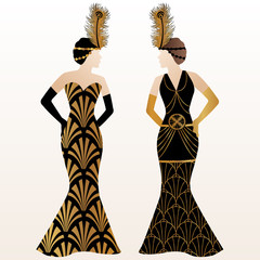 Art Deco Illustration Design with Women in Gold Pattern Dress