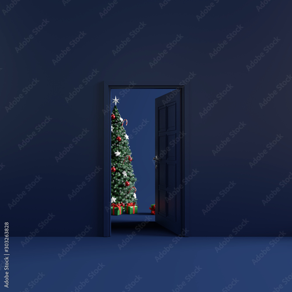 Sticker Christmas room with open door. 3d rendering