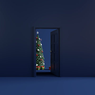 Christmas room with open door. 3d rendering