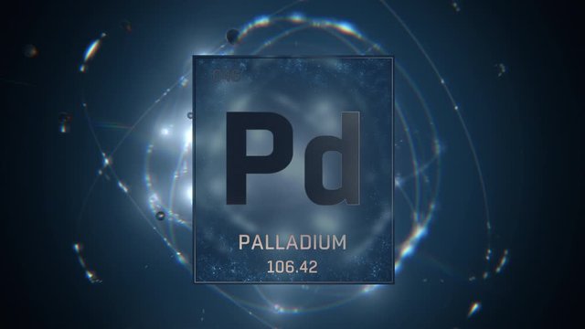Palladium as Element 46 of the Periodic Table. Seamlessly looping 3D animation on blue illuminated atom design background with orbiting electrons. Design shows name, atomic weight and element number