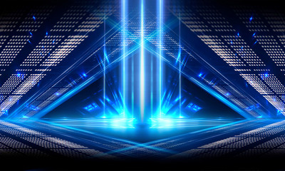 Background of empty show scene. Empty dark modern abstract neon background. Glow of neon lights on an empty stage, diodes, rays and lines. Lights of the night city.