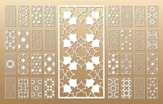 Laser cut vector panels (ratio 1:2). Cutout silhouette with geometric seamless pattern. The set is suitable for engraving, laser cutting wood, metal, stencil manufacturing.