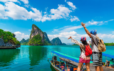 Happy couple traveler joy fun beautiful nature scenic landscape Phang-Nga bay, Adventure landmark travel Phuket Thailand, Tourist people on summer holiday vacation trip, Tourism destination place Asia