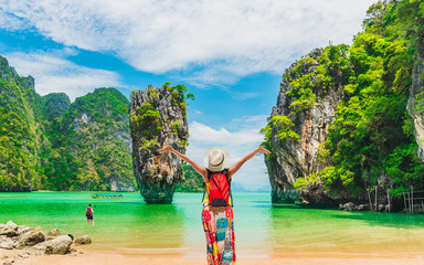 Traveler woman joy fun amazed nature scenic landscape James Bond island Adventure landmark...