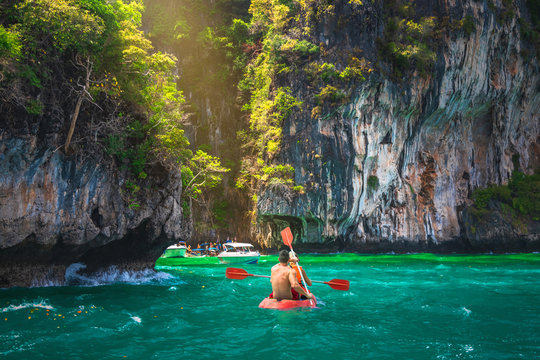 Couple traveler canoeing joy beautiful nature scenic landscape PiLeh lagoon Krabi, Adventure lifestyle leisure travel Phuket Thailand, Tourist on summer holiday vacation trip, Tourism destination Asia