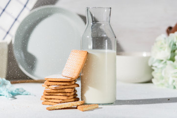 Fresh cookies and milk in bottle on light background