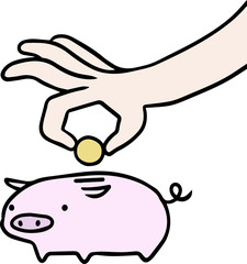 豚の貯金箱にお金を入れるイラスト
