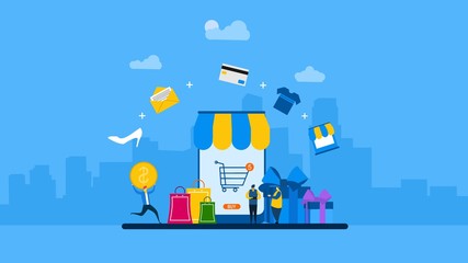The sale and consumer concept. Online shopping with smartphone. E-commerce shoppin with Tiny People Character Concept Vector Illustration, Suitable For web landing page,Wallpaper, Background, Card