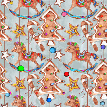 Christmas Gingerbread cookies  candies dragee lollipop  watercolor  hand drawn artistic vintage seamless pattern