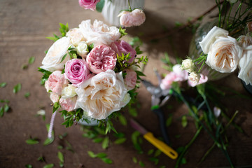 Bouquet of flowers. Natural fresh flower. Rose, anemone, buttercup, matthiola, tulip, eucalyptus, daffodil, chamomile, gerbera, dahlia, orchid, lotus, iris, lilac, gardenia, jasmine, magnolia, hyacint