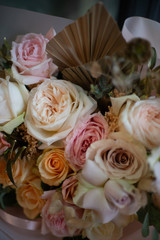 Obraz na płótnie Canvas Bouquet of flowers. Natural fresh flower. Rose, anemone, buttercup, matthiola, tulip, eucalyptus, daffodil, chamomile, gerbera, dahlia, orchid, lotus, iris, lilac, gardenia, jasmine, magnolia, hyacint