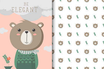 Cute bear illustration with seamless pattern in the white backdrop