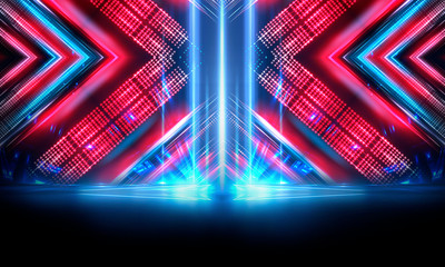 Background of empty show scene. Empty dark modern abstract neon background. Glow of neon lights on an empty stage, diodes, rays and lines. Lights of the night city.