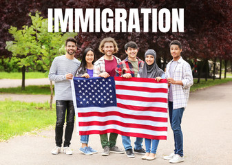 Group of students with USA flag outdoors