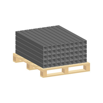 Profile metal pipe stacked in piles on a pallet.Vector isometric and 3D view.	