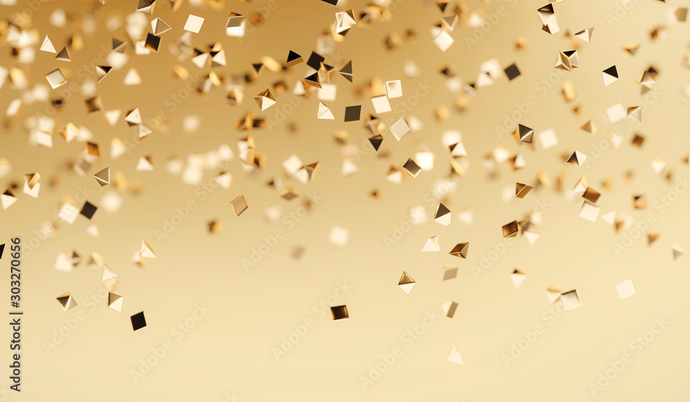 Poster gold triangle shape falling background, soft focus 3d rendering.