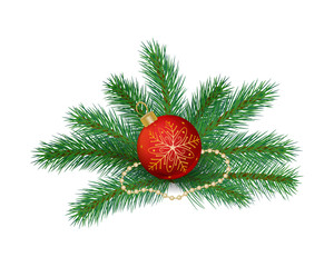 Vector illustration. Red Christmas ball on the branches of spruce. Isolated object on a white background