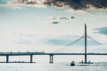 Western Speed Diameter Bridge in Saint Petersburg with Gulf of Finland panorama