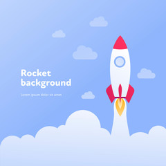 Vector flat rocket banner template illustration. White and red fly spaceship in blue cloud sky background. Science and technology concept. Design element for poster, web, infographics, presentation.