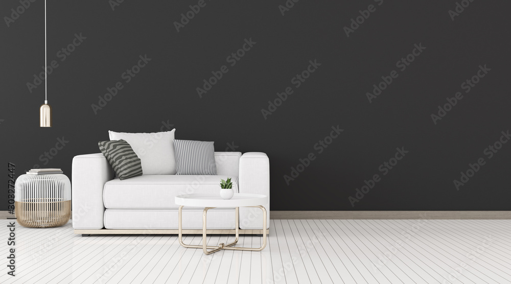 Poster view of living room space with sofa and round side table on dark wall and bright laminate floor.pers
