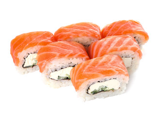 Tasty sushi rolls on white background