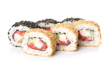 Tasty sushi rolls on white background