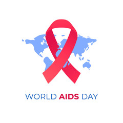 Vector flat world aids day illustration. Red ribbon with text on earth map background. Health support and disease prevention concept. Design element for banner, poster, web, presentation