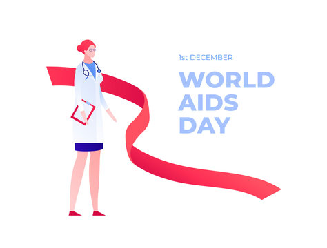 Vector flat world aids day people illustration. Red ribbon and text with female doctor isolated on white. Health support and medical help concept. Design element for banner, poster, web, presentation