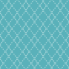 Abstract vector diamond shape seamless pattern. Stitching effect background repeat in teal and white.