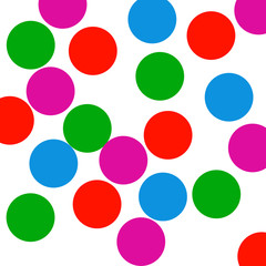Dots of different colors on a white background. Colorful polka dot background. Template background in white. Red, green, purple and blue polka dots. Vector illustration