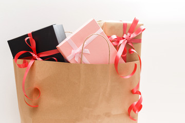 Shopping Bag of presents on white background. brown Shopping bag.