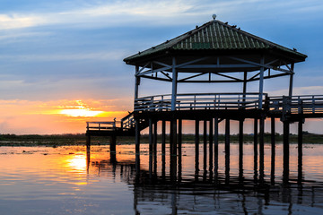 Sunset at the Pavilion on lake or pond or swamp of Bueng See Fai, Phichit, Thailand.