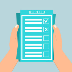 Hand filling checklist on To Do List. Form illustration with man signing a paper work document. Vector Modern flat design concept for web banners, web sites, printed materials, infographics.