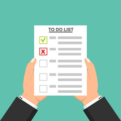 Hand holding a document and pen, marks to do list. Business concept. Flat Vector illustration for web banner, business presentation, advertising material.