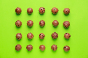 Tasty macadamia nuts on color background