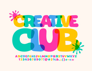 Vector bright sign Creative Club. Trendy colorful Font. Set of watecolor Alphabet Letters, Numbers and Symbols.