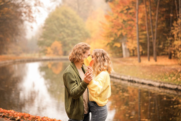 Young couple in park on autumn day
