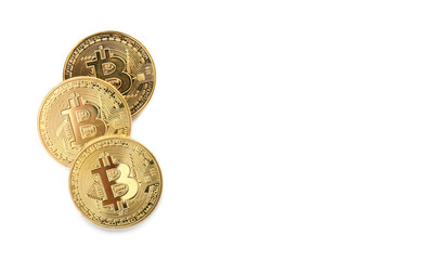 Golden bitcoins on white background