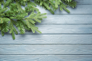 Beautiful fir branches on wooden background