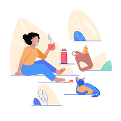 A woman sits in the park and drinks coffee, tea. Flat style vector illustration