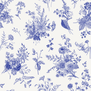 Seamless pattern. Autumn floral pattern. Classic illustration. Toile de Jouy
