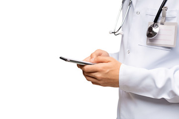 Male doctor holding smartphone and messaging to patients