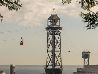 Fototapeta na wymiar historic cable car cabin, steel towers, harbor and Barcelona city, spain