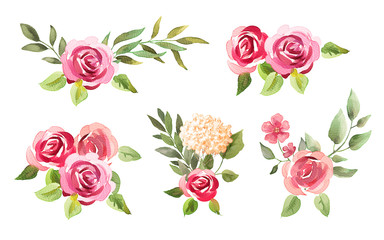 Watercolor roses. Flowers, leaves. Bouquets set isolated